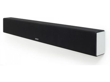 Černý soundbar Monitor Audio SB-2, pohled zepředu, protáhlý obdélníkový tvar, černá mřížka na přední straně