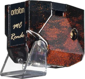 Ortofon MC Rondo Bronze přenoska na vinylové desky, pohled zepředu a z boku, lesklé černé pouzdro s červenými tečkami