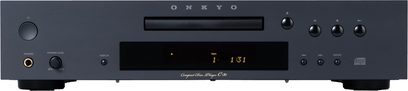 CD přehrávač Onkyo ICON C-30 černý, kovový čelní panel, pohled zepředu, slot pro vkládání médií, centrální displej, sluchátkový výstup a tlačítka