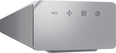 Samsung HW-MS651 metallisk grå soundbar, set ovenfra, indbyggede kontrolknapper, metallisk gitter på oversiden