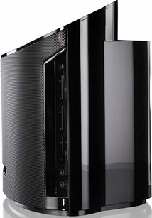 Blank, glitrende Harman Kardon MS150 højttaler, set forfra, vertikal cylindrisk form med metalrist på forsiden