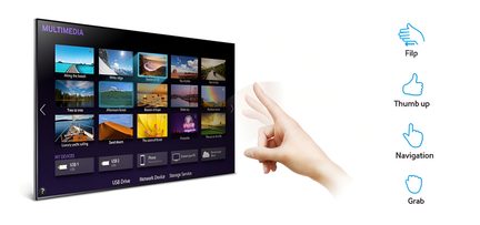 Een hand houdt een afstandsbediening voor een tv-scherm met een multimediamenu met miniatuurafbeeldingen