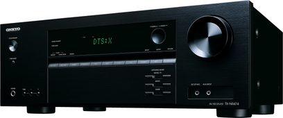 Onkyo TX-NR474 sort hjemmebiografsforstærker, frontvisning, grønt display "DTS:X", knapper og drejeknapper til justering