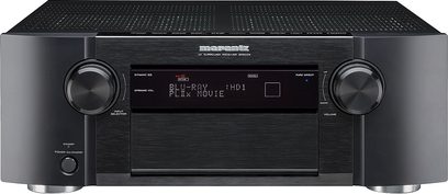 Marantz SR6004 sort hjemmebiografsforstærker, front med blå skærm, knapper og stik på forsiden, set forfra