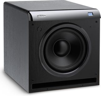 Velodyne CHT10Q sort subwoofer, set forfra, sort front med central rund højttaler og sølvfarvet logo