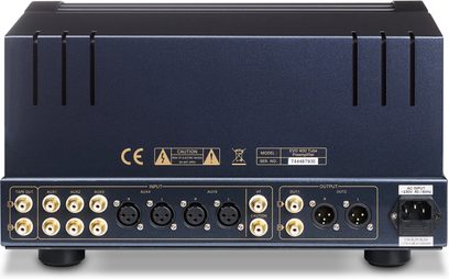 „PrimaLuna EVO 400 Tube" sidabrinio paviršiaus stereo priešstiprintuvas, priekinis vaizdas su lizdais, rankenėlėmis ir indikatoriais