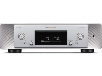 Плеър на компактдискове Marantz SACD 30n в сребристо-златист цвят, преден изглед, преден панел, цифров дисплей, бутони и разъеми на фасадата