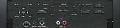 Yamaha RX-A1080 titano namų kino stiprintuvas, valdymo pulto priekio vaizdas su mygtukais, rankenėlėmis ir jungčių prievadais