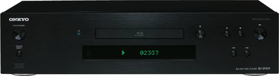 Onkyo BD-SP809 sort 4K Blu-ray-afspiller, set forfra, blå LED-display "02:33:7", knapper og stik på forsiden