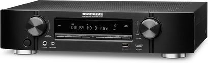 Marantz NR1504 sort hjemmebiografsforstærker, frontpanel, frontvisning, LCD-display, knapper, drejeknapper, USB- og HDMI-porte