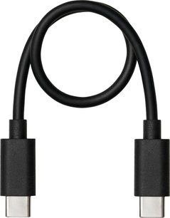 Cable negro corto con conectores USB-C en ambos extremos, colocado en forma de bucle, vista frontal sobre fondo blanco uniforme