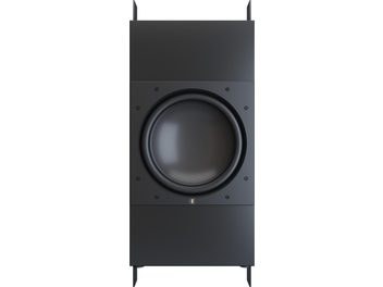 Indbygget subwoofer Perlisten R18is, mat sort metalfront, centralt cirkulært højtaler-element, set forfra