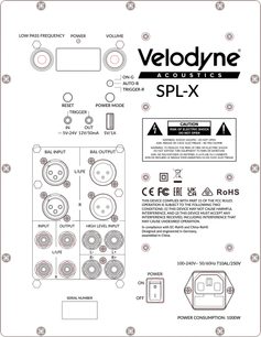 Bagside af Velodyne SPL-X 18 subwoofer, hvidt panel med volumenkontrol, lavpasfilter, XLR/RCA-indgange og strømadgang