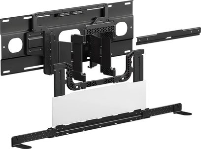 Čierny držiak reproduktora Sony SU-WB1, rozložený pohľad s nástennou platňou, stredovým rámom a montážnou lištou