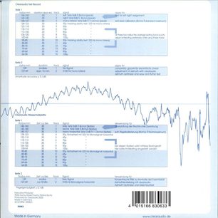 Brochure med testkalibreringsgrafer for to modeller af Clearaudio vinylpladecenterere, på tysk og engelsk
