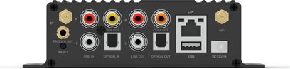 Nätverksljudspelare ArtSound Smart Stream, bakre vy, flera anslutningar: BT, TRIGGER OUT, RESET, LINE IN, OPTICAL IN, LINE OUT, SUB OUT, COAX OUT, OPTICAL OUT, LAN, USB, WiFi, DC 12V/1A