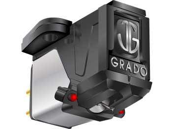 Celula pick-up pentru viniluri Grado Red 3 neagră, vedere frontală de aproape, cu brațul și vârful acului roșii