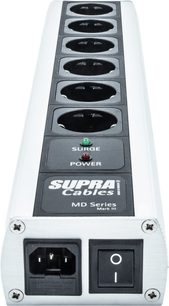 Multiplicador Supra MainBlock MD06-EU/SP MK3 com 6 tomadas schuko pretas, 2 indicadores luminosos, interruptor e conector de alimentação IEC