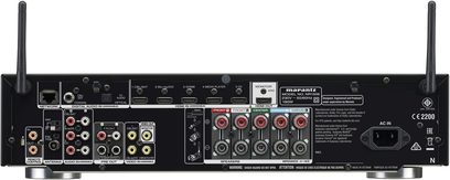 Amplificador de cine en casa Marantz NR1506 negro, vista trasera, vista superior, numerosas tomas de audio/vídeo