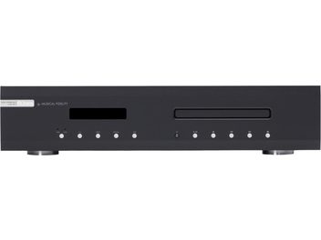 Musical Fidelity M3scd fekete, magas minőségű CD-lejátszó, téglalap alakú kijelzővel, CD-behelyező réssel, 10 kör alakú gombbal és 2 kör alakú lábbal