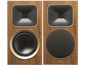Enceinte bibliothèque MartinLogan Foundation B1 noyer, vue de face et arrière, caisson bois, haut-parleur noir, tweeter