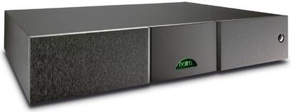 Rektangulær mat sort kabinet fra Naim Audio Supercap DR, front med grønt logo, ventilationsgitter, set forfra