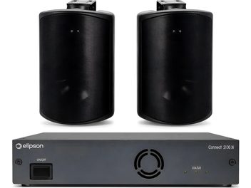 Elipson Connect 2130 Xi audio package with two black wall-mounted speakers with curved grille and black amplifier