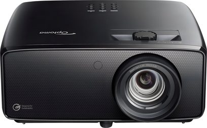 Optoma UHZ58LV projektor i sort plast, frontbillede, tekstureret front, objektiv til højre, knapper og drejehjul