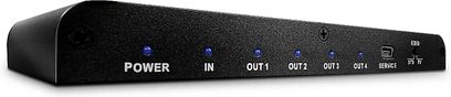 Rozdzielacz HDMI 1 na 4 Lindy 38221 czarny, widok z przodu, 5 portów HDMI, 1 wejście i 4 wyjścia, 5 niebieskich diod LED "Power In Out1 Out2 Out3 Out4"