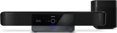 Sort Philips HTS8160 soundbar med blå LCD-skærm, trykfølsomme knapper, sort basrør, set forfra