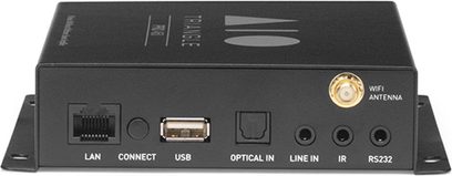 Sprednji pogled na stereo hi-fi ojačevalnik Triangle AIO PRO A50 s priključki LAN, USB, optičnimi, linijskimi in anteno WiFi