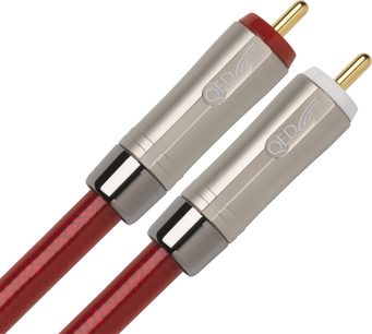 QED Reference Audio 40 3m røde og grå RCA-kabler med forgyldte stik, rød flettet kappe, nærbillede