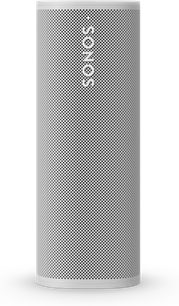 Sonos Roam Lunar White speaker, cylindrical, white perforated grille covering the entire surface, Sonos logo at the bottom, front view
