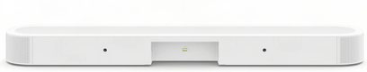Hvid Sonos Beam Ultra-soundbar, set bagfra med forsænket centralt tilslutningspanel og sidegitre