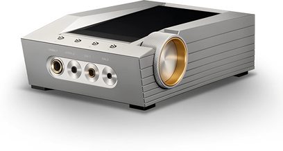 Przedwzmacniacz słuchawkowy Astell&Kern ACRO CA1000, aluminiowa obudowa w kolorze szarym, panel przedni z złączami, przyciskiem i ekranem
