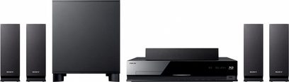 Sort Sony BDV-E370 hjemmebiografsystem bestående af en Blu-ray-afspiller, 5 højttalersøjler og en basrefleksboks