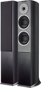 AudioVector R3 Signature søjlehøjttalere i sort askefiner, 2 højttalere, frontpanel i metallisk grå, mørkt træhøjttaler-kabinet