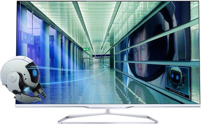 Philips 42PFL7108H-fladskærms-tv i et futuristisk blåt miljø, skærm tændt, flydende hovedtelefoner foran