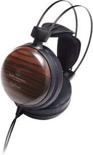 Audio-Technica ATH-W5000 hovedtelefoner med lukket, circumaural design og træbeklædt, lakeret kabinet med sort læderbetrukket hovedbøjle og ørepuder
