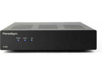 Amplificatore di potenza hi-fi Paradigm X-500, chassis rettangolare nero, pannello frontale con 3 spie blu e iscrizioni