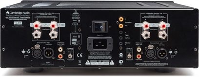 Výkonový zesilovač Cambridge Audio Azur 851W černý, pohled zepředu, detailní záběr na konektory a ovládací prvky