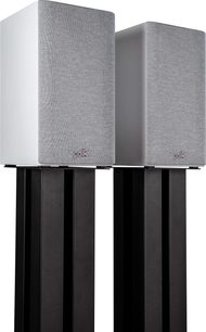 Polk Audio R100 witte boekenplank luidsprekers, vooraanzicht, grijze roosters