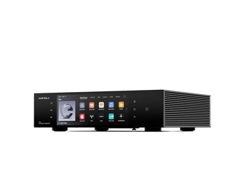 Lettore audio di rete EverSolo T10 nero, vista frontale, grande schermo centrale a colori e pannello frontale scanalato a destra