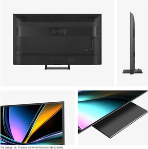 Τηλεόραση Hisense 65U7Q PRO μαύρη, λεπτό μεταλλικό/πλαστικό πλαίσιο, επίπεδο κεντρικό πόδι, οπίσθιες και πλευρικές όψεις, κοντινές λήψεις οθόνης