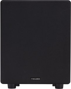 Fyne Audio F3-12 subwoofer sort træ, set forfra, sort gitter, sorte fødder, Fyne Audio logo nederst i midten