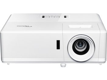 Projetor Optoma UHZ45 branco, vista frontal, lente deslocada para a direita, grelhas de ventilação nas laterais