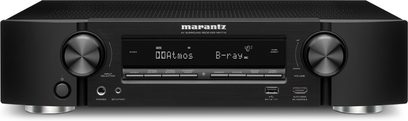 Marantz NR1710 sort home cinema-forstærker, aluminiumsfront, LCD-display, drejeknapper, hovedtelefonstik, USB