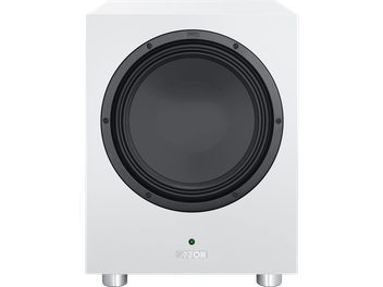 Witte matte Canton Power Sub 12 S2 subwoofer, frontaanzicht met zwarte luidspreker en metalen voetjes