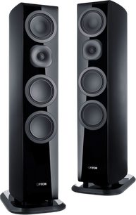 Pair of Canton Vento 81 floorstanding speakers in black lacquer, three-quarter front view with four visible drivers