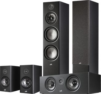 Polk Audio R700 sort højttalerpakke, 2 gulvhøjttalere, 1 centerhøjttaler, 2 satellithøjttalere, runde højttalere
